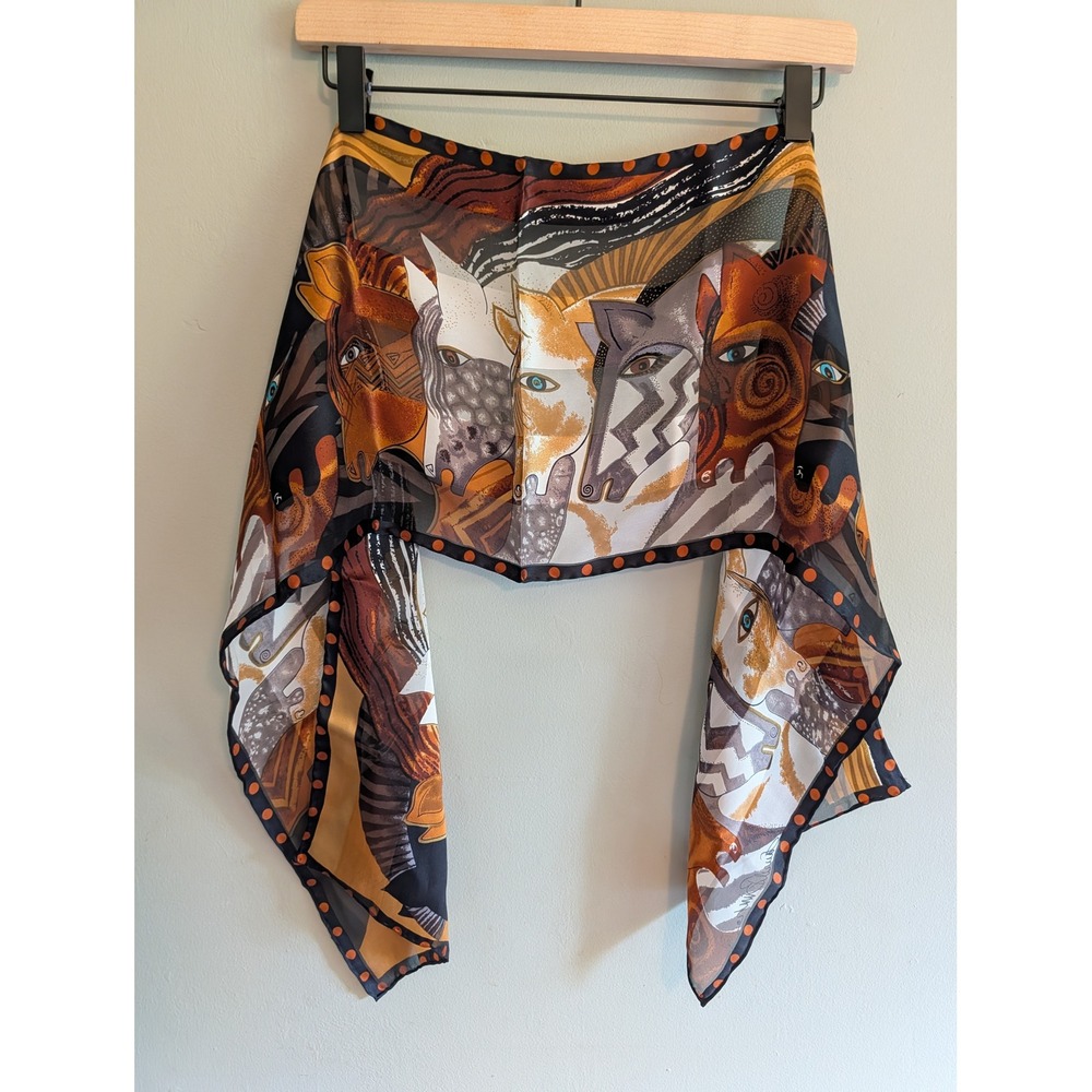 Vtg 80s 90s Laurel Burch Silk Scarf "Wild Horses" Art to Wear Earth Tones 51x10